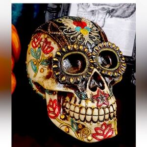 Day Of The Dead Floral Vines Embroidery Angel Wings Heart Motif Skull Figurine